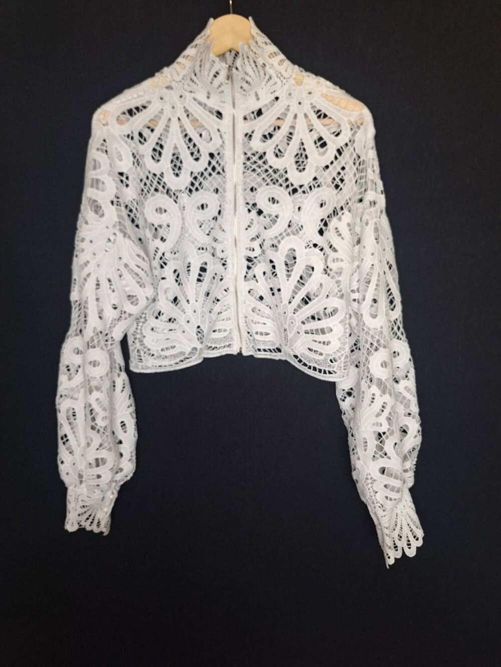 💙 WOWO Fashion White Lace Cropped Jacket XL Sheer Zip Front Long Sleeve Boho